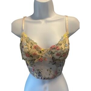 Coquette Floral Embroidered Sheer Mesh Fairy Corset Bustier Top M Whimsigoth